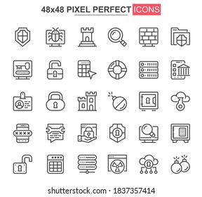 Security thin line icons set. Data protection, internet privacy unique design icons. Cybersecurity services, firewall and network safety outline vector bundle. 48x48 pixel perfect linear pictograms.
