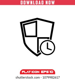 Security Time Shield  . Safety. Black Vector Icon in flat design.Isolated.