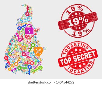 Security Tocantins State map and seal stamps. Red rounded Top Secret and 19% distress seal stamps. Bright Tocantins State map mosaic of different access items. Vector combination for guard purposes.