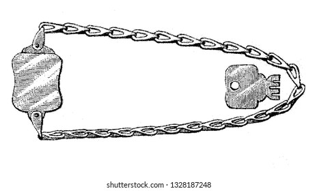 A security tool used to deter bicycle theft, generally by fastening the bicycle to a fixed point, vintage engraved line art illustration. Bicycle Accessories - 1900