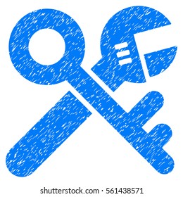 Security Tools grainy textured icon for overlay watermark stamps. Flat symbol with dust texture. Dotted vector blue ink rubber seal stamp with grunge design on a white background.