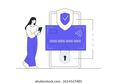 Security transaction. Banking app, Credit card and secure. Mobile phone with credit and check mark bank wallet successful transaction money transfer. Flat Cartoon Vector Illustration icon. Stylish 
