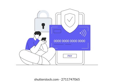 Transacción de seguridad. App de banca móvil. Notificación de tarjeta de crédito y marca de verificación segura. Ilustración vectorial plana de la historieta, icono Web elegante de la página de aterrizaje del diseño abstracto