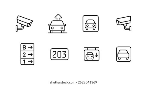 Security, transportation linear icon set - flat, surveillance, navigation symbols