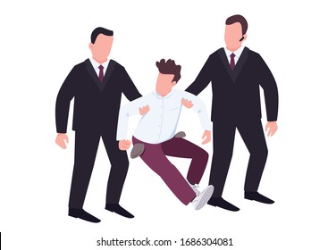 Security with troublemaker flat color vector faceless characters. Casino guardians in black suits walk off fraud. Loser with empty pockets resists agents. Felony isolated cartoon illustration