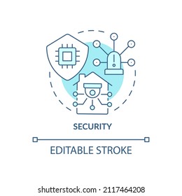 Icono de concepto turquesa de seguridad. Las tecnologías inteligentes aprovechan la ilustración de línea delgada de ideas abstractas. Sistema de automatización del hogar. Dibujo de contorno aislado. Trazo editable. Fuentes Arial, Myriad Pro-Bold utilizadas