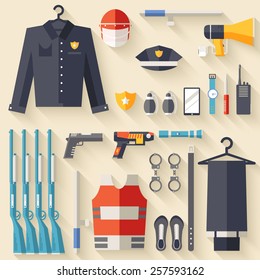 security uniform and set protection staff equipment. On icons flat style background concept. Vector illustration for colorful template for you design, web and mobile applications