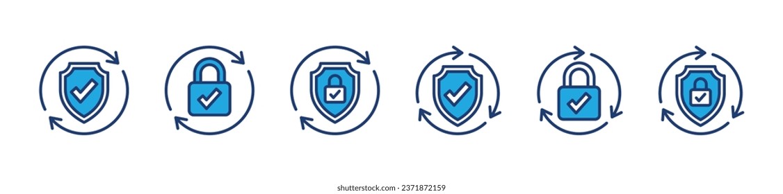 Security update icons. Safety, secure, protection, shield, padlock, check mark, process, upgrade with circle arrow icon symbol for apps and websites. Vector illustration