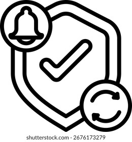 Ícone Outline de Notificação de Atualização de Segurança, Vetor do Ícone de Outline em Preto-e-Branco.