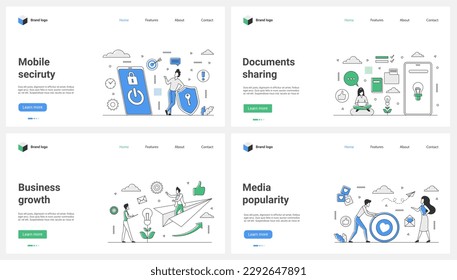 Security of uploading and sharing data, audience loyalty and content popularity in social media set vector illustration. Cartoon tiny businessman flying on paper plane to business growth and success