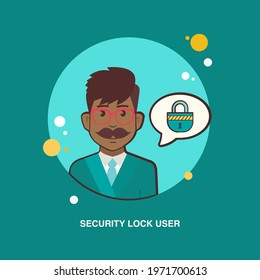 security user lock with man wearing spectacles with moustache on green background flat concept design