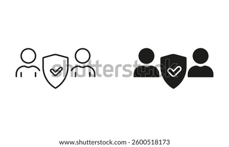 Security for Users Team Line and Silhouette Icon Set. Human Data Protection, Shield Protect Group Of People Pictogram. Safety in Business Symbol. Editable Stroke. Isolated Vector Illustration.