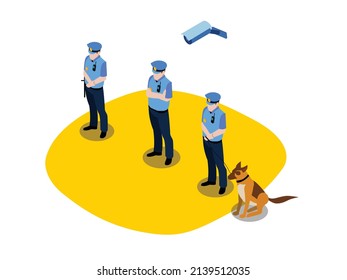 Security vector concept. Group of security men standing carrying a dog while standing with cctv camera