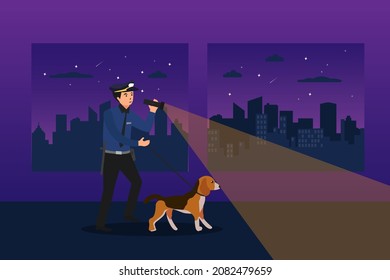 Security vector concept: Security man working in night shift with flashlight while walking with dog 