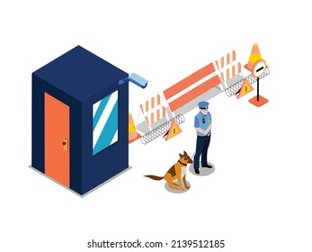 Security vector concept. Security man working with dog while standing in the security post