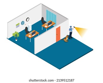 Security Vector Concept. Security Man Working With Flashlight In Night Shift While Walking With Dog In The Office Room