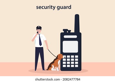 Security vector concept: Security staff talking portable radio transmitter while standing with dog 