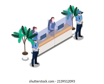 Security vector concept. Two security men standing in front of the cashier while working in the bank