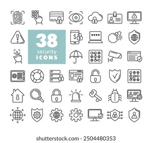Security vector icon set. Cyber lock, password, unlock. Guard, shield, home security system icons. Eye access, electronic check, firewall. Internet protection, laptop password
