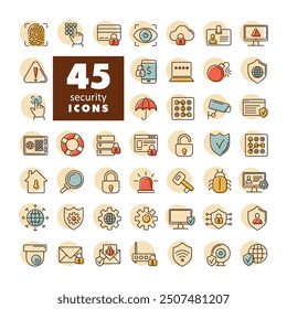 Security vector icon set. Cyber lock, password, unlock. Guard, shield, home security system icons. Eye access, electronic check, firewall. Internet protection, laptop password