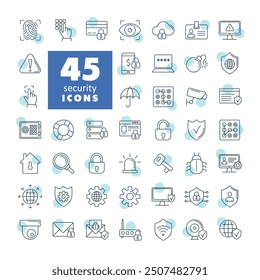Security vector icon set. Cyber lock, password, unlock. Guard, shield, home security system icons. Eye access, electronic check, firewall. Internet protection, laptop password