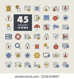 Security vector icon set. Cyber lock, password, unlock. Guard, shield, home security system icons. Eye access, electronic check, firewall. Internet protection, laptop password