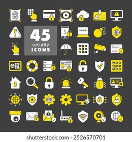 Security vector icon set on dark background. Cyber lock, password, unlock. Guard, shield, home security system icons. Eye access, electronic check, firewall. Internet protection, laptop password