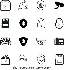 security vector icon set such as: vip, reataurant, equipment, emblem, screen, material, flame, password, industry, alarm, power, badge, global, save, energy, press, theater, attention, zone, art