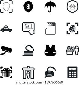 security vector icon set such as: theft, footprint, auto, remote, accessory, machine, transportation, estate, bar, drop, information, banking, memory, cop, patrol, border, deposit, private, insurance