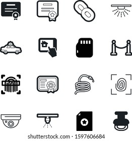 security vector icon set such as: theft, grid, private, cop, watching, biometric, driverless, stamper, emblem, footprint, transportation, access, linked, network, art, agreement, key, boundary, ok