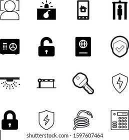 security vector icon set such as: coat, warning, head, traffic, authentication, organic, heraldic, delivery, parking, badge, roadblock, royal, liquid, heat, online, logistic, padlock, dial, tube