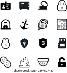 security vector icon set such as: camera, surveillance, flammable, observation, cash, id, connection, strength, facade, marine, material, person, storage, badge, service, microchip, vintage, police