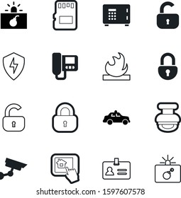 security vector icon set such as: logo, app, agreement, abstract, detector, industry, identity, police, treasure, storm, information, equipment, cam, shadow, suitcase, thunderbolt, graphic