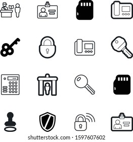 security vector icon set such as: closed, padlock, gates, policeman, entrance, approve, wifi, connection, finger, handle, phone, dial, network, area, rubber, police, shield, people, machine, emblem