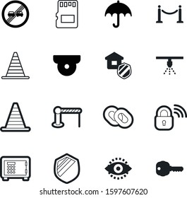 security vector icon set such as: entertainment, wall, retina, abstract, camera, forecast, cam, sprinkler, dome, firewall, driving, website, weather, communication, data, template, chain, treasure