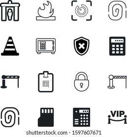 security vector icon set such as: damage, marking, cone, information, personal, microchip, banking, industry, gas, scanner, circle, pass, tick, storage, alert, risk, traffic, fence, art, stand, frame