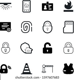 security vector icon set such as: access, certification, cone, online, scan, fingerprint, digital, memory, property, tag, open, border, crossing, frame, rescue, unlock, crime, touch, build