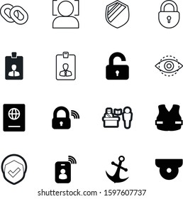 security vector icon set such as: recognition, shape, crime, circle, life, vest, help, video, old, tap, citizenship, padlock, looking, naval, lake, policeman, tag, iron, door, swimming, modern