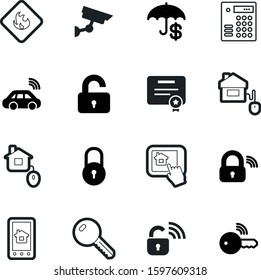 security vector icon set such as: gift, flammable, airport, digital, umbrella, cargo, combination, pictogram, fire, flame, drive, dial, mobile, connected, company, frame, achievement, paper
