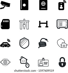 security vector icon set such as: tag, secret, exhibition, memory, sd, open, safeguard, gates, scan, name, carpet, barrier, flame, fence, club, remote, iris, object, transportation, reel, emergency