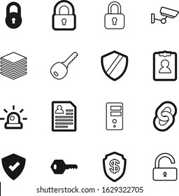 security vector icon set such as: arms, antivirus, currency, medical, check, connect, siren, mark, video, financial, fire, beacon, monitoring, certified, quality, safeguard, crime, structure, alarm