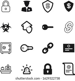 security vector icon set such as: lines, biology, privacy, terror, toxic, officer, deposit, check, insurance, control, metal, policeman, epidemic, caution, professional, forbidden, terrorism, travel
