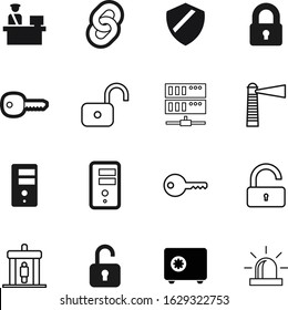 security vector icon set such as: bank, treasure, logo, wealth, beach, big, linked, file, check, link, passenger, beacon, guard, insurance, content, glowing, shield, steel, defense, deposit