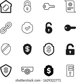 security vector icon set such as: database, video, linked, blue, mark, antique, access, ornament, cloud, interface, logo, blank, zone, close, tower, hyperlink, chain, success, digital, keys, gift