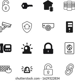 security vector icon set such as: link, monitoring, content, travel, intercom, real, set, modern, door, nation, tower, device, glowing, stream, international, contact, identity, pass, car, guard