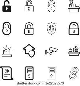 security vector icon set such as: caution, strength, attention, zone, paper, blank, locker, financial, portal, medical, currency, label, cam, broken, gate, real, certification, transport, dollar