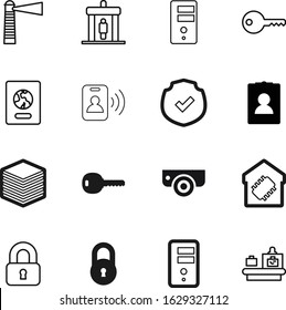 security vector icon set such as: global, application, round, camera, cctv, decoration, locker, inspection, protect, man, finance, lines, stamp, transportation, beam, tourist, logistic, police