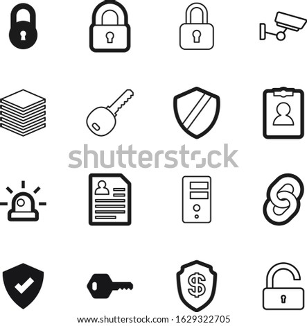 security vector icon set such as: arms, antivirus, currency, medical, check, connect, siren, mark, video, financial, fire, beacon, monitoring, certified, quality, safeguard, crime, structure, alarm
