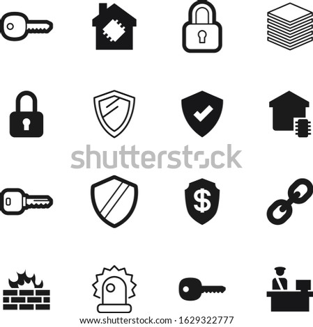 security vector icon set such as: digital, image, chip, assurance, bank, alarm, border, officer, set, financial, cash, defence, big, heraldic, customs, thin, link, defend, linear, metal, automation