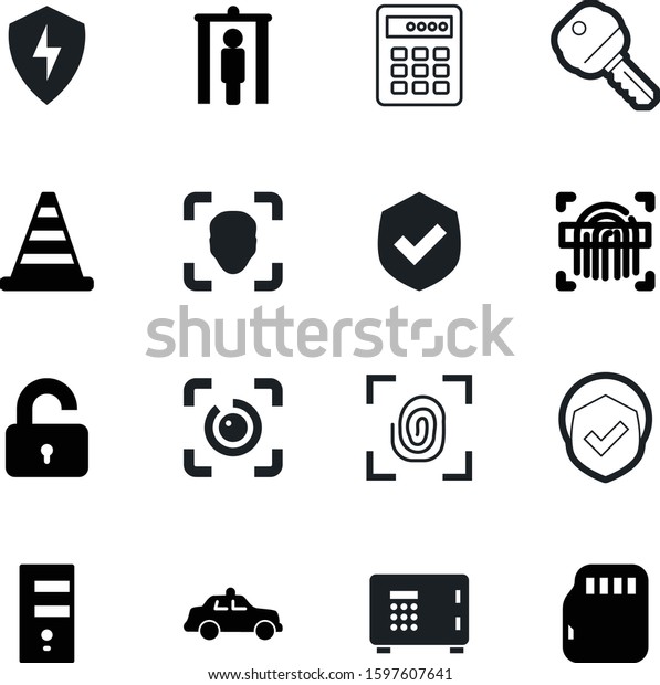 security vector icon set such as: automobile,\
theft, biometric, marking, man, pin, gate, card, inspection, car,\
control, construction, computing, emergency, keypad, secrecy, eye,\
real, entrance